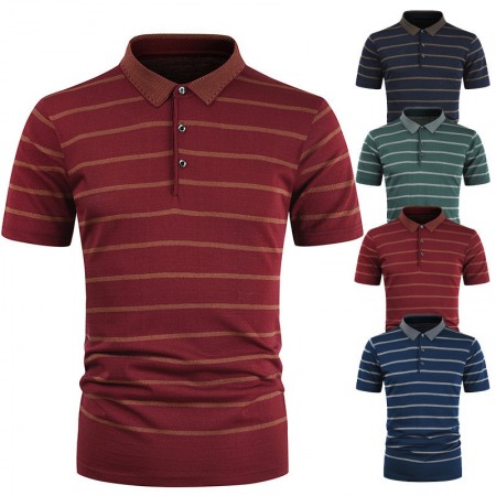New Summer Men's Striped T-Shirt Lapel Casual Short Sleeves
