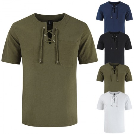 New Summer Men's Casual Street Short-Sleeved T-Shirt Cotton and Linen Lace Casual Fashion